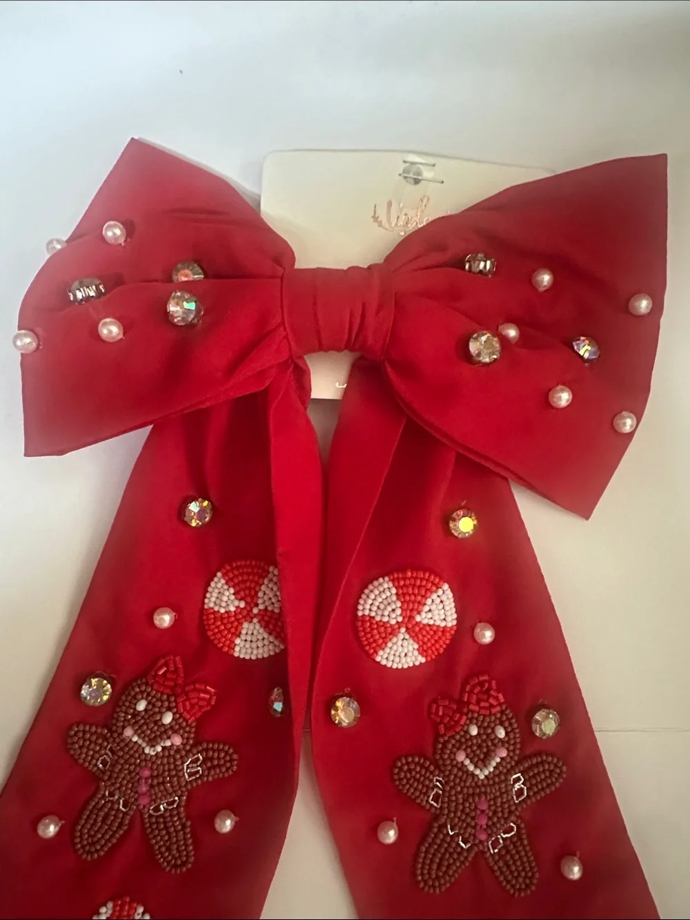 Red Embellished Holiday Bow with Crystals and Pearls